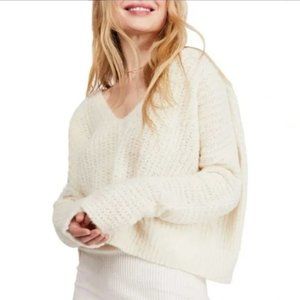 Free People Ivory Moonbeam V Neck Oversized Cropped Sweater Slouchy Alpaca